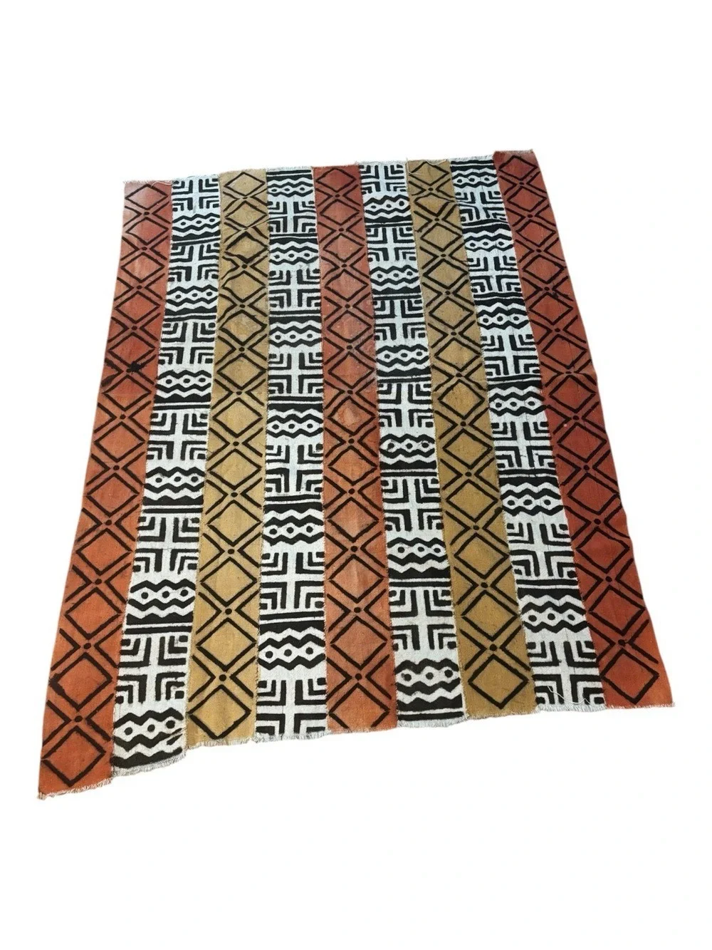 VTG WEST AFRICAN COTTON TRIBAL PRINT RUST MUSTARD BLACK CREAM MUD CLOTH 55”x78”